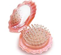 Spazzola per capelli pieghevole da viaggio con specchio, mini pettine tascabile compatto con finitura metallica lucida, design a forma di conchiglia, regalo creativo