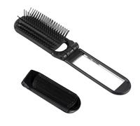 Spazzola per capelli pieghevole da viaggio, piccola, pieghevole, compatta, con specchio e punta rotonda, setole in nylon per donne e uomini, mini spazzola per capelli nera con tasca per capelli ricci