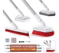 Spazzola per doccia con manico lungo e setole rigide, include spazzola con manico lungo per doccia, testina per la pulizia della malta delle piastrelle, testa abrasiva e panno in microfibra per bagno,