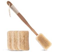 Spazzola per il corpo naturale con manico lungo e cuscinetto Luffa, spazzola per la schiena 2 in 1, peeling e pulizia, setole naturali, manico in cotone antiscivolo e gancio per la pulizia del corpo