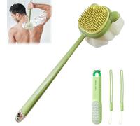 Spazzola per la schiena della doccia in silicone a due lati con luffa e setole morbide, spazzola per il corpo con manico lungo per esfoliare, massaggiare e insaponare la schiuma, include lima per