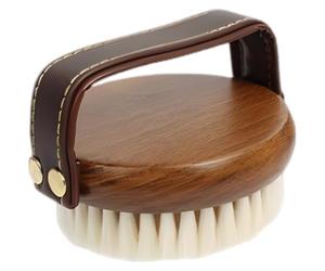 Spazzola per la toelettatura dei cavalli, con manico in pelle, setole morbide, scrubber per viso e corpo, spazzola compatta in legno per la rimozione dello sporco