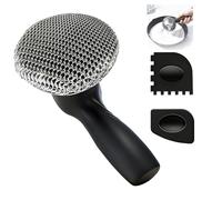 Spazzola per padella in ghisa, pulitore ad anello in ghisa, design a manico lungo, con 2 raschietti per griglia, in acciaio inox di alta qualità, per barbecue, pentole, padelle, stoviglie (nero)
