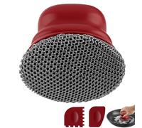 Spazzola per padelle in ghisa, pulitore di pentole con 2 raschietti, spazzola di pulizia a catena per piatti, pentole, padelle, griglie, grill (Rosso puro, anello piccolo)