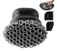 Spazzola per padelle in ghisa, pulitore di pentole con 2 raschietti, spazzola di pulizia a catena per piatti, pentole, padelle, griglie, grill (Nero puro, Anello grande)