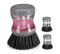 Relaxdays Spazzola per Piatti con Dispenser Detersivo, Set da 3, Erogatore da Riempire 60ml, Rotondo, Lavapiatti, Grigio, 3 unità