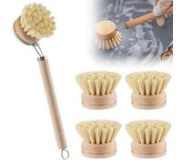 Spazzola per piatti in legno con testa intercambiabile, set di spazzole in legno, spazzola da cucina con fibra naturale, spazzola per lavare i piatti, con 3 testine di ricambio, spazzola in fibra