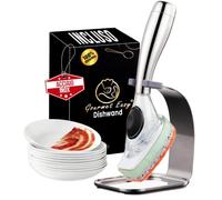 Spazzola per piatti, Spazzola Lavapiatti con Dispenser di Detersivo | Impugnatura ergonomica in inox, 2 spugne non graffianti incluse, con supporto e vaschetta, cambio di 2 anni.