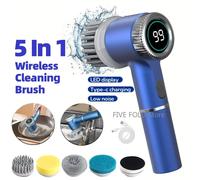 Spazzola per pulizia elettrica Cucina multifunzionale Bagno WC Spazzola per pulizia potente portatile 5 testine Display a LED Blue