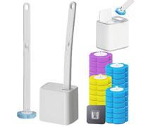 Spazzola per WC Monouso con 24 Testine Detergenti, Scopino/Spazzolino per Water con Supporto per Lavabo e Vasca da Bagno, Set Completo con Ricariche in Spugna per Pulizia Igienica (Bianco)
