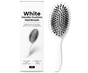 Spazzola professionale con setole di cinghiale a cuscino - Massaggiatore per il cuoio capelluto a cuscino, antistatica, facile da staccare, liscia i capelli, manico bianco (1 pezzo)