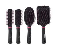 Relaxdays Spazzole per Capelli, Set da 4, con Custodia da Viaggio, Setole in Plastica, Rotonde, Styling, Nero/Rosa