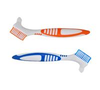 Spazzole per la pulizia della protesi, confezione da 2 con testine a doppia angolazione, setole in nylon morbide e impugnatura ergonomica, kit di pennelli da viaggio per anziani (arancione/blu) |