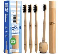 Spazzolini da denti in carbone di bambù (confezione da 4) con custodia da viaggio e supporto, setole extra morbide per adulti e bambini, kit da viaggio biologico senza sprechi, copertura in legno