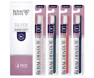 Spazzolini Extra Morbidi con Particelle d’Argento 4-Pack | Spazzolini Manuali Ultra Soft per Denti & Gengive Sensibili | Setole Super Morbide Antibatteriche 99,9% | Royal Denta | Multicolore