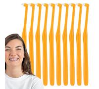 Spazzolino da denti a punta piccola, spazzolino ortodontico a ciuffo, spazzola arrotondata, strumento per la pulizia dei denti irregolari, qualcuno che indossa graffe, protesi per anziani