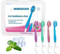 Spazzolino da denti e filo interdentale, 5 in 1, mini spazzolino da denti portatile pre-incollato, set da viaggio con filo interdentale, plettro e raschietto lingua, mini spazzolini usa e getta per