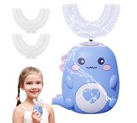 Spazzolino da denti elettrico a forma di U per bambini, blu-6-12 anni | Spazzolino da denti a ultrasuoni a 360º con 3 teste a U in silicone, design dinosauro, per bambini da 2 a 12 anni, ragazzi