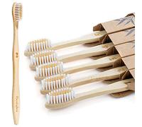 Spazzolino da denti in bambù, setole di nylon morbide medie, spazzolino da denti da viaggio in carbone di legno, biodegradabile naturale organico e vegano (confezione da 5 adulti color crema bianco)