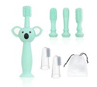 Spazzolino da denti per bambini in silicone ciano da 1 pezzo con 4 testine, spazzolino per la pulizia dei denti con massaggio gengivale e spazzolino da denti da dito 2 pezzi e 1 custodia