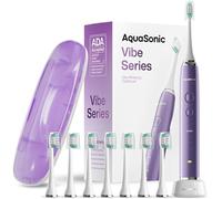 Spazzolino da denti ultra sbiancante Aquasonic Vibe Series - Spazzolino elettrico accettato ADA - 8 testine e custodia da viaggio - motore da 40.000 VPM e ricarica wireless - 4 modalità con timer intelligente - viola satinato