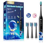 Spazzolino Elettrico Bambini 3-6-12-18 Anni Spazzolino Elettrico Bambina Bambino Bimbo Con Timer, Adesivi per Abitudini e 4 Testine Morbide (Astronauta Nero)