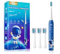 Spazzolino Elettrico Bambini 3-6-12-18 Anni Spazzolino Elettrico Bambina Bambino Bimbo Con Timer Luci LED Arcobaleno E 4 Testine (Astronauta Blu)