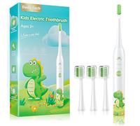 Spazzolino Elettrico Bambini 3-6-12-18 Anni Spazzolino Elettrico Bambina Bambino Bimbo Con Timer Luci LED Arcobaleno E 4 Testine (Dinosauro Bianco)