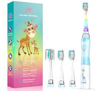 Spazzolino Elettrico Bambini 3-6-12 Anni Spazzolino Elettrico Bambina Bambino Bimbo Con Timer Luci LED Arcobaleno E 4 Testine Morbide (Giraffa Blu)