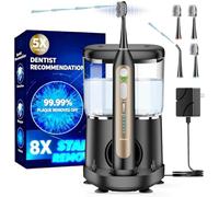 Spazzolino elettrico con idropulsore combinato, spazzolino sonico 3 in 1 e filo interdentale per la pulizia dei denti per adulti con 4 testine, sensibile, cura delle gengive, bretelle, 500 ml, nero