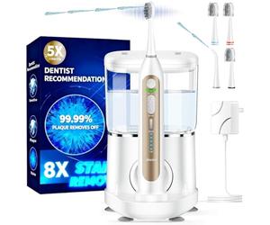 Spazzolino elettrico per adulti, aggiornato 2.0 spazzolino elettrico con filo interdentale combinato, 5 velocità di filo interdentale e 3 modalità con 3 spazzole + 1 ugello, serbatoio da 500 ml