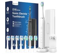 Spazzolino elettrico per adulti con 8 testine - Sonic spazzolino elettrico con portaspazzolino e custodia da viaggio (bianco)