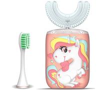 Spazzolino elettrico per bambini, a forma di U, spazzolino da denti ad ultrasuoni, con 2 testine di spazzola, sei modalità di pulizia, design per bambini, speciale per regalo di compleanno (rosa)