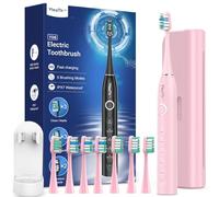 Spazzolino Elettrico Sonico per Bambini Adulti con 8 Testine - Spazzolino Denti Sonico Bambini con Custodia da Viaggio, 5 Modalità, Spazzolino Elettrico Bambini 6-12 Anni, Rosa Ciliegia