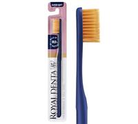 Royal Denta Spazzolino da denti super morbido dorato, extra morbido per denti e gengive sensibili, spazzolino da denti a doppia lunghezza, particelle d'oro per prevenire i batteri, blu navy