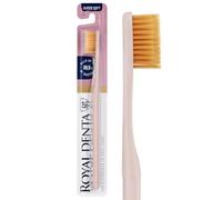 Royal Denta Spazzolino da denti super morbido dorato, extra morbido per denti e gengive sensibili, spazzolino da denti a doppia lunghezza, particelle d'oro per prevenire i batteri, rosa latte