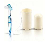 Spazzolino per protesi dentaria con custodia, 2 pezzi, spazzolino da denti finti con custodia bianca, setole multistrato, manico ergonomico in gomma per la pulizia dei denti falsi, custodia da viaggio