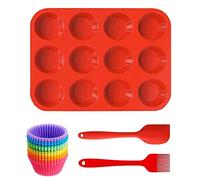 SPEACOUR Teglia per muffin in silicone da 12 tazze per cupcake, antiaderenti, con 12 tazze per muffin, 1 spatola in silicone e 1 spazzola per olio per cuocere brownies, budino, torte salate (rosso)