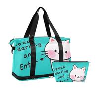 Speak Darling and Enter - Borsone da viaggio con simpatico gatto bianco, con borsa da toeletta, grande capacità, parlare tesoro e entrare cartone animato carino divertente gatto bianco, 1 size