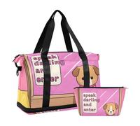 Speak Darling and Enter - Borsone da viaggio per la notte, con tracolla regolabile, per lo sport, set da 2 pezzi, colore: marrone, parlare tesoro e entrare cartone animato carino divertente cane