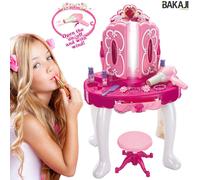 BAKAJI Specchiera Make-Up Giocattolo per Bambini Toeletta Ballerina con Sgabello Luci Suoni Asciugacapelli Funzionante a Batteria e Accessori Gioco Dimensione 45 x 32 x 72 cm