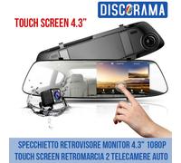 SPECCHIETTO RETROVISORE MONITOR 4.3" TOUCH SCREEN RETRO 2 TELECAMERE AUTO 1080P