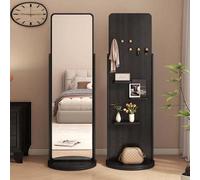 Specchio a figura intera con design rotante e contenitore con pannello forato, specchio da pavimento in legno massiccio con 6 ganci per soggiorno, camera da letto, ufficio o sala studio, girevole a