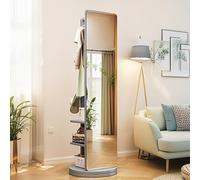 Specchio a Figura Intera Girevole 360° in Legno Massello con Appendiabiti & 3 Strati stoccaggio Rack, Moderno Specchio Lungo Grande da Terra Verticale con Rotante Base