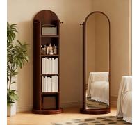 Specchio a Figura Intera Girevole con Scaffale a 5 Ripiani, Portaoggetti da Appoggio Rotante a 360° con 4 Ganci, Specchio da Pavimento Moderno per Camera, Letto, Soggiorno e Ingresso, 168x36cm