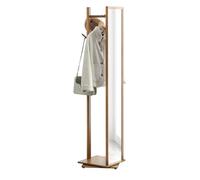 Specchio a figura intera, specchio da pavimento in bambù con base quadrata, design girevole a 360°, asta per appendere e ganci per soggiorno, camera da letto, corridoio