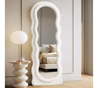 Specchio Arco ondulato, grande intero specchio da terra parete per tutto il corpo, specchio con cornice in legno avvolto in flanella, da appoggiare, da appendere o inclinare, bianco, 160x60 CM