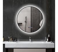 Specchio Bagno con Luce LED Regolabile, Antiappannamento e Display Tempo e Temperatura, Ø70 cm, Nero