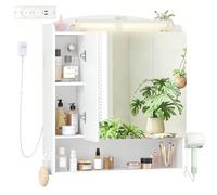 Specchio Bagno Contenitore, Mobiletto a Specchio con LED, Porta Asciugacapelli e Ganci, Interruttore e Spina, Ripiani Regolabili, 16,5 x 70 x 80 cm, Bianco Informazioni su questo articolo[Specchio di