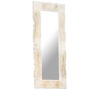 Specchio bianco in legno di mango massiccio, 110 x 50 cm, con motivo intagliato a mano, specchio da parete per bagno, corridoio, camera da letto, specchio decorativo per trucco e guardaroba